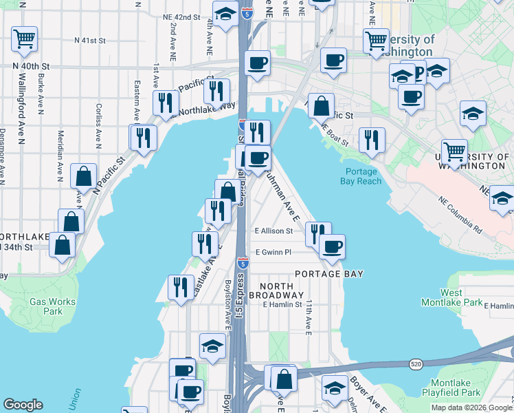 map of restaurants, bars, coffee shops, grocery stores, and more near 3104 Franklin Avenue East in Seattle