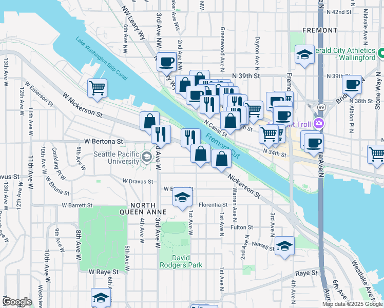 map of restaurants, bars, coffee shops, grocery stores, and more near 31 West Nickerson Street in Seattle