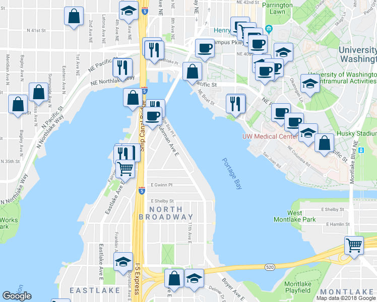 map of restaurants, bars, coffee shops, grocery stores, and more near 3130 Portage Bay Place East in Seattle