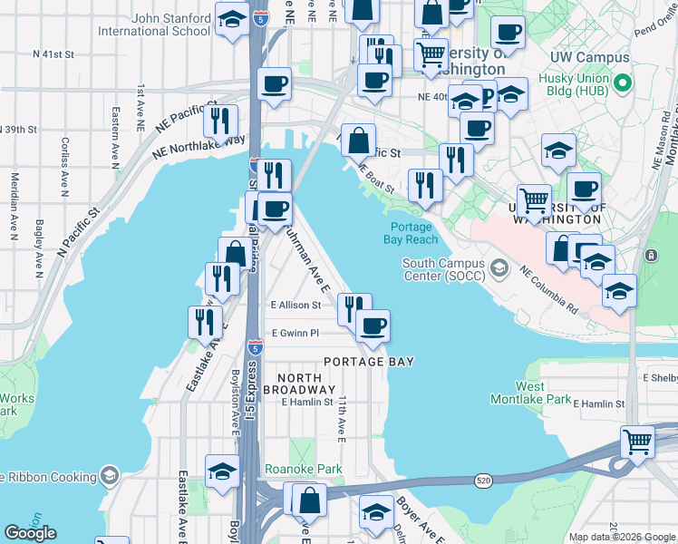 map of restaurants, bars, coffee shops, grocery stores, and more near 3130 Portage Bay Place East in Seattle