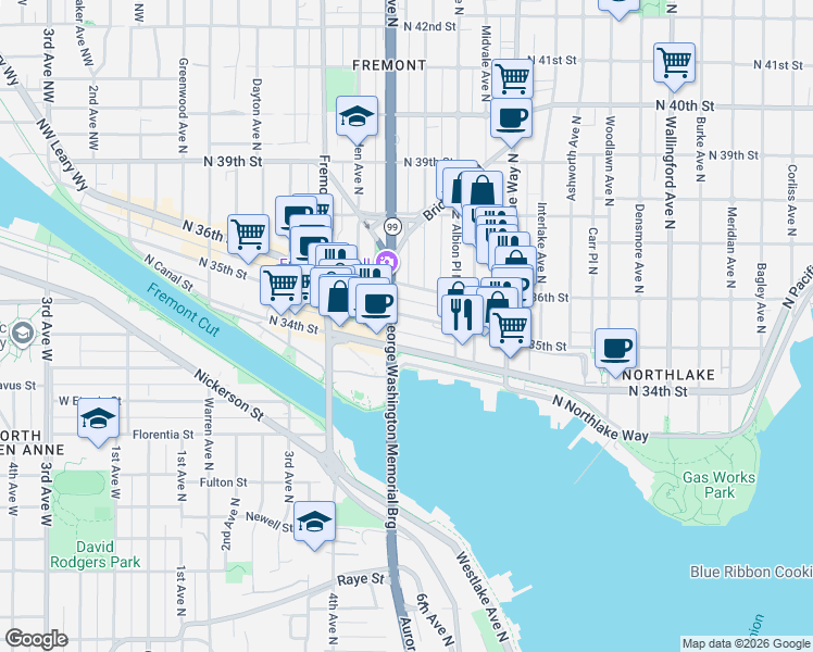 map of restaurants, bars, coffee shops, grocery stores, and more near 913 North 35th Street in Seattle