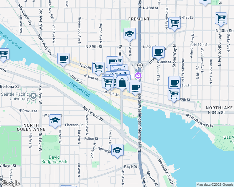map of restaurants, bars, coffee shops, grocery stores, and more near 620 North 34th Street in Seattle