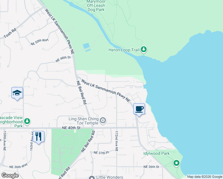 map of restaurants, bars, coffee shops, grocery stores, and more near 17112 Northeast 45th Street in Redmond