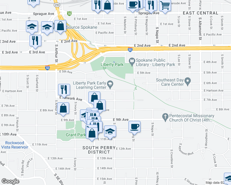 map of restaurants, bars, coffee shops, grocery stores, and more near 605 South Helena Street in Spokane