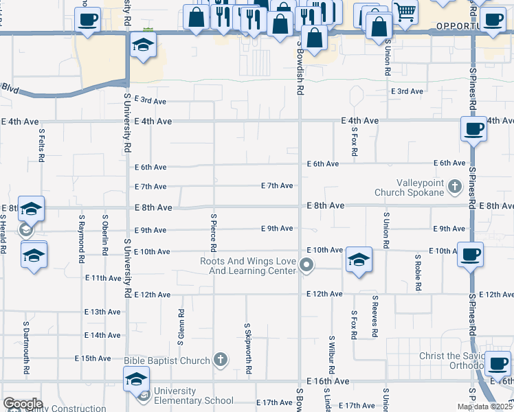 map of restaurants, bars, coffee shops, grocery stores, and more near 11216 East 7th Avenue in Spokane Valley