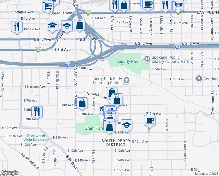 map of restaurants, bars, coffee shops, grocery stores, and more near 622 South Perry Street in Spokane