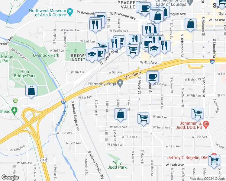 map of restaurants, bars, coffee shops, grocery stores, and more near 1807 West 6th Avenue in Spokane