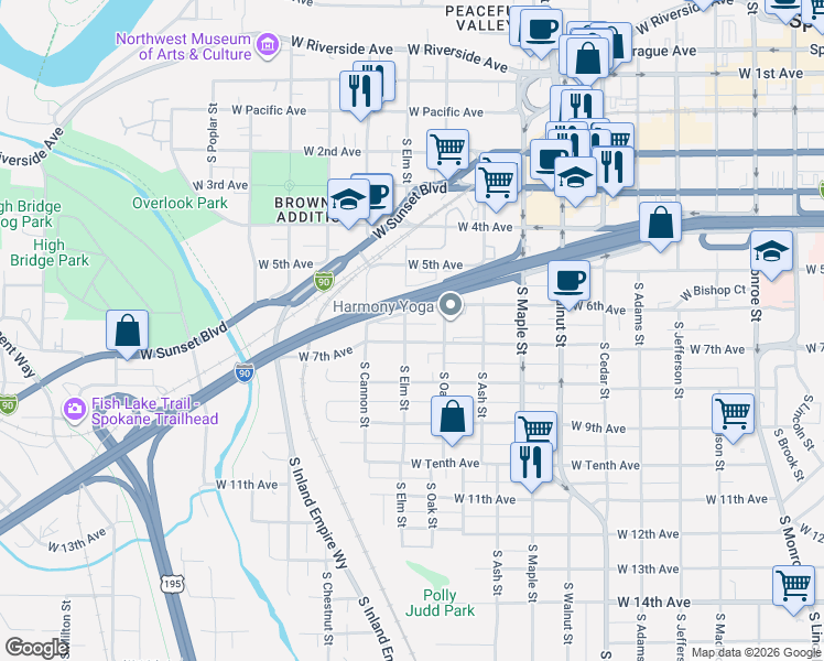 map of restaurants, bars, coffee shops, grocery stores, and more near 1807 West 6th Avenue in Spokane
