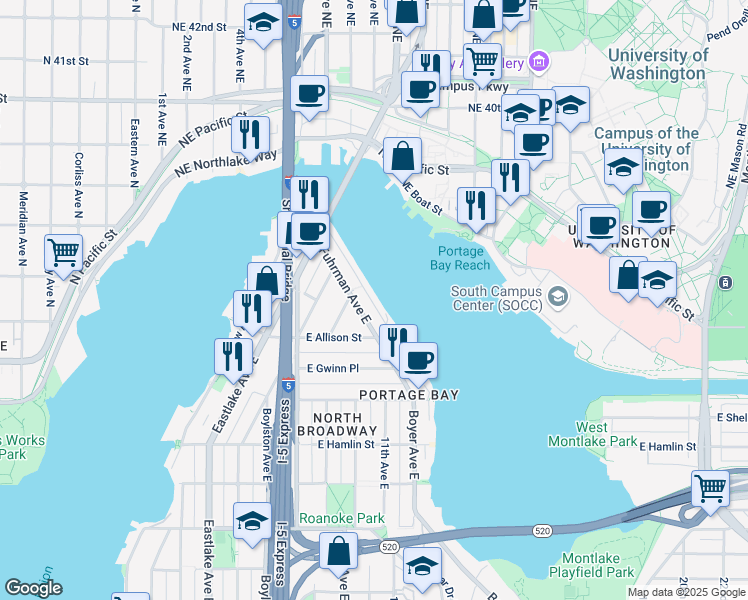 map of restaurants, bars, coffee shops, grocery stores, and more near 3200 Portage Bay Place East in Seattle