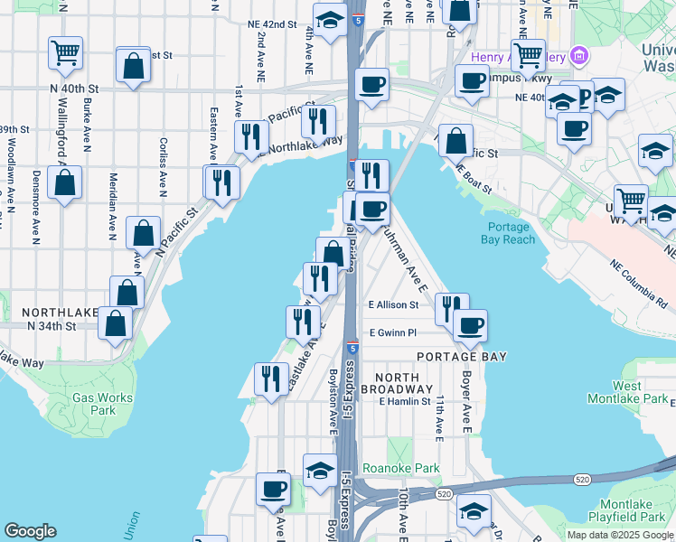 map of restaurants, bars, coffee shops, grocery stores, and more near 3147 Fairview Avenue East in Seattle