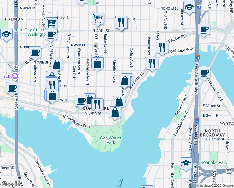 map of restaurants, bars, coffee shops, grocery stores, and more near 3541 Meridian Avenue North in Seattle