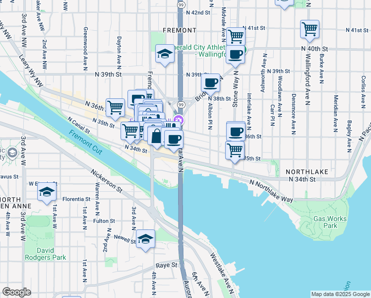 map of restaurants, bars, coffee shops, grocery stores, and more near 3505 Troll Avenue North in Seattle