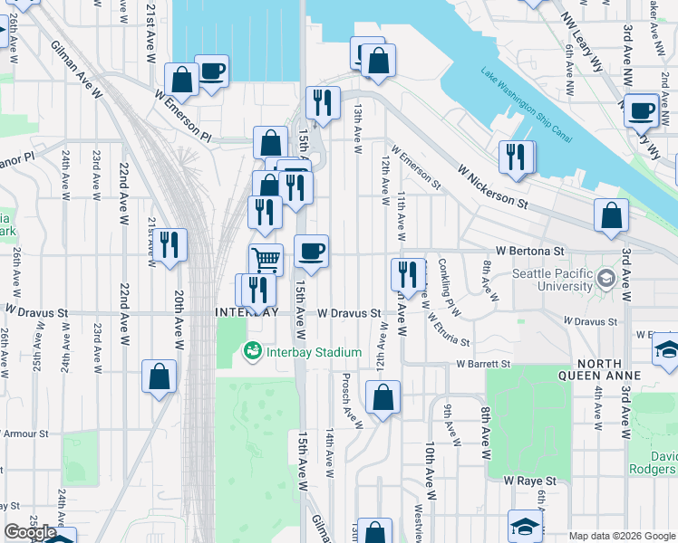 map of restaurants, bars, coffee shops, grocery stores, and more near 1362 West Bertona Street in Seattle