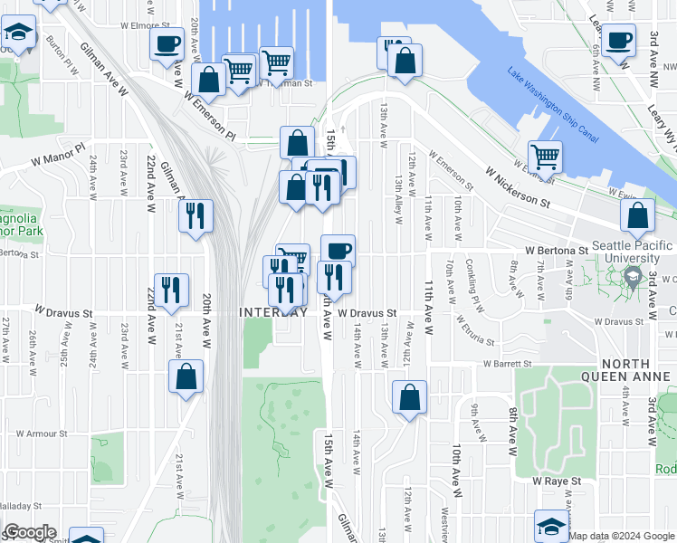 map of restaurants, bars, coffee shops, grocery stores, and more near in Seattle