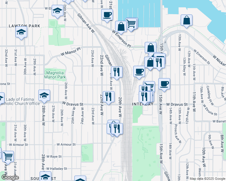 map of restaurants, bars, coffee shops, grocery stores, and more near 3403 21st Avenue West in Seattle