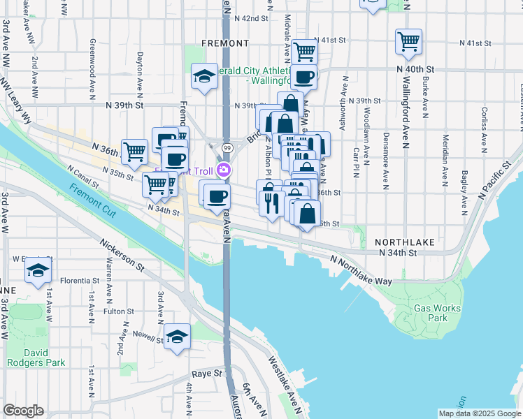 map of restaurants, bars, coffee shops, grocery stores, and more near North 35th Street in Seattle