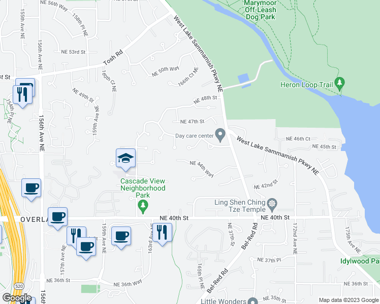 map of restaurants, bars, coffee shops, grocery stores, and more near 4517 166th Place Northeast in Redmond