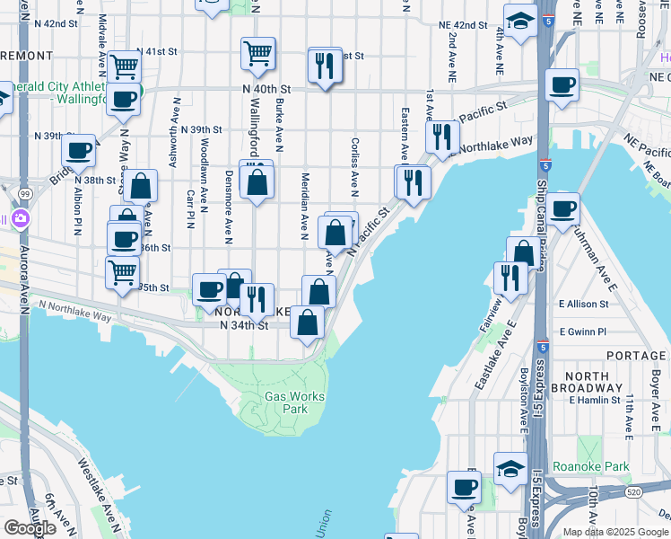 map of restaurants, bars, coffee shops, grocery stores, and more near 3602 Bagley Avenue North in Seattle
