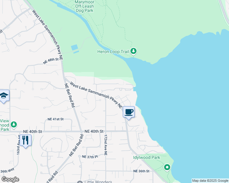 map of restaurants, bars, coffee shops, grocery stores, and more near 17306 Northeast 45th Street in Redmond