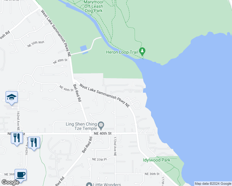 map of restaurants, bars, coffee shops, grocery stores, and more near 17203 Northeast 45th Street in Redmond