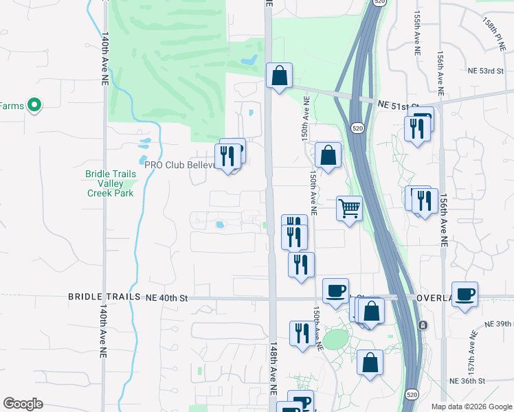 map of restaurants, bars, coffee shops, grocery stores, and more near 4421 147th Place Northeast in Bellevue