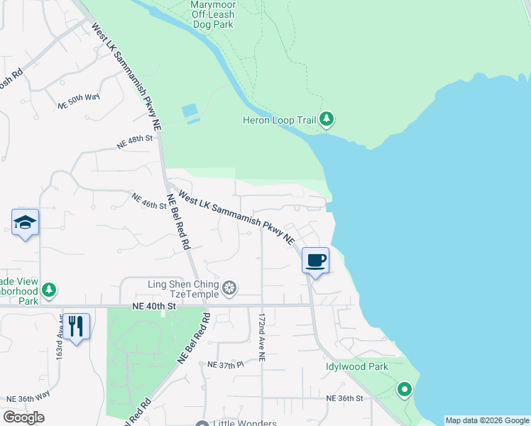 map of restaurants, bars, coffee shops, grocery stores, and more near 17211 Northeast 45th Street in Redmond