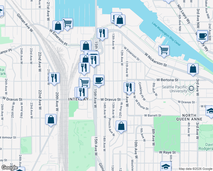 map of restaurants, bars, coffee shops, grocery stores, and more near 1362 West Bertona Street in Seattle