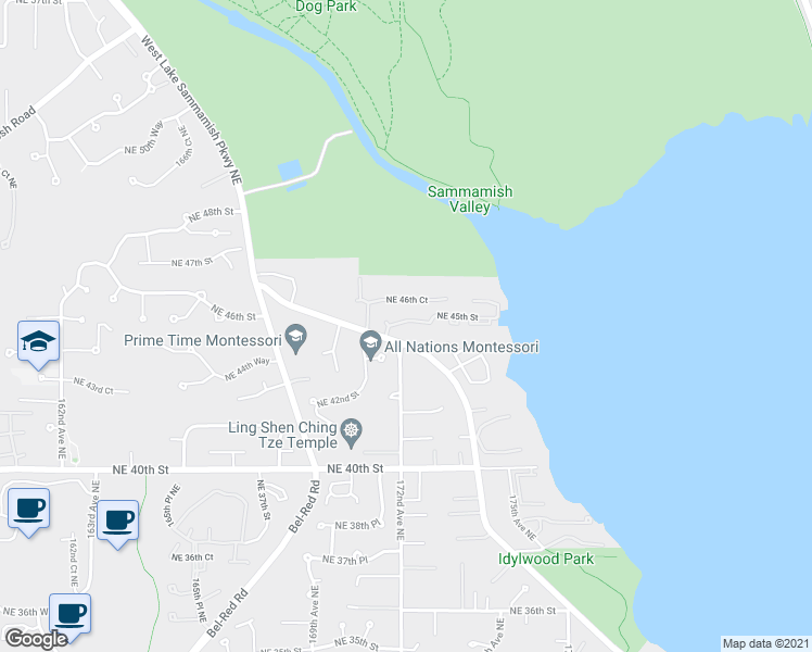 map of restaurants, bars, coffee shops, grocery stores, and more near 17252 Northeast 46th Court in Redmond
