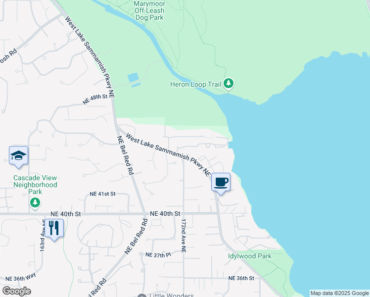 map of restaurants, bars, coffee shops, grocery stores, and more near 17252 Northeast 46th Court in Redmond