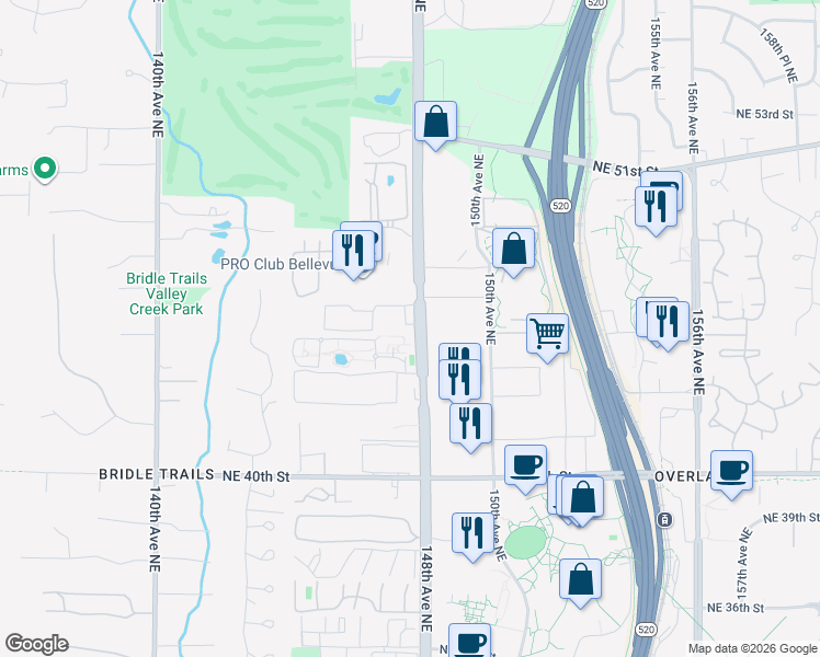 map of restaurants, bars, coffee shops, grocery stores, and more near 14636 Northeast 45th Street in Bellevue