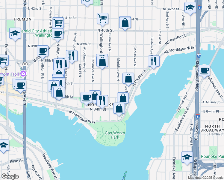 map of restaurants, bars, coffee shops, grocery stores, and more near 1815 North 36th Street in Seattle