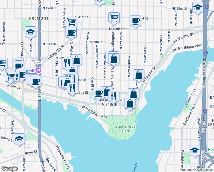 map of restaurants, bars, coffee shops, grocery stores, and more near in Seattle