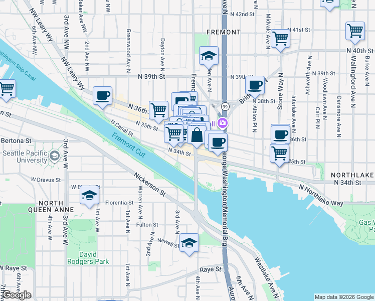 map of restaurants, bars, coffee shops, grocery stores, and more near 619 North 35th Street in Seattle