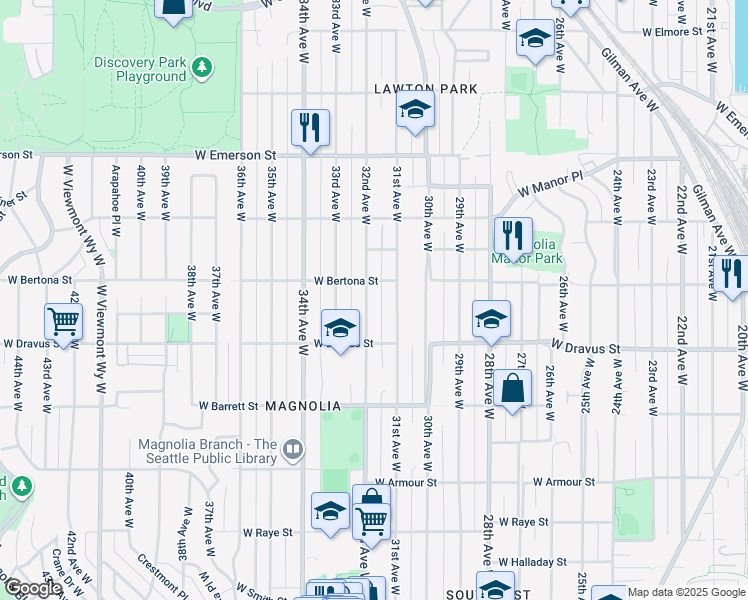 map of restaurants, bars, coffee shops, grocery stores, and more near 3233 32nd Avenue West in Seattle