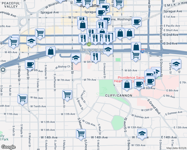 map of restaurants, bars, coffee shops, grocery stores, and more near 726 West 6th Avenue in Spokane