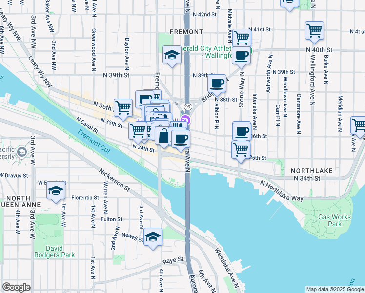 map of restaurants, bars, coffee shops, grocery stores, and more near 3505 Troll Avenue North in Seattle