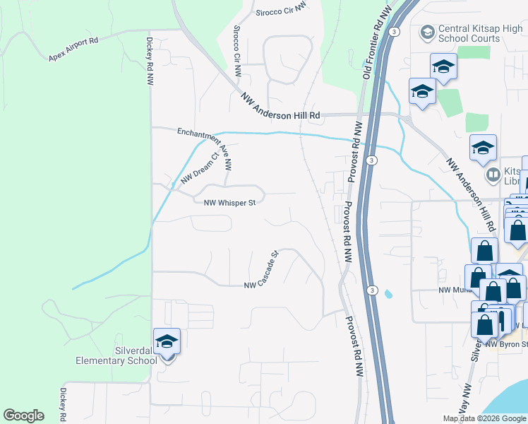 map of restaurants, bars, coffee shops, grocery stores, and more near 9270 Morning Side Drive Northwest in Silverdale