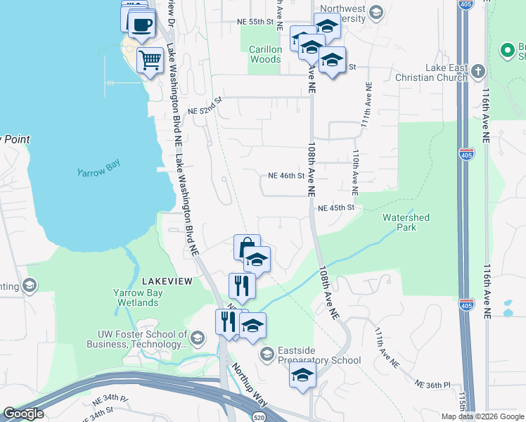 map of restaurants, bars, coffee shops, grocery stores, and more near 10510 Northeast 44th Street in Kirkland