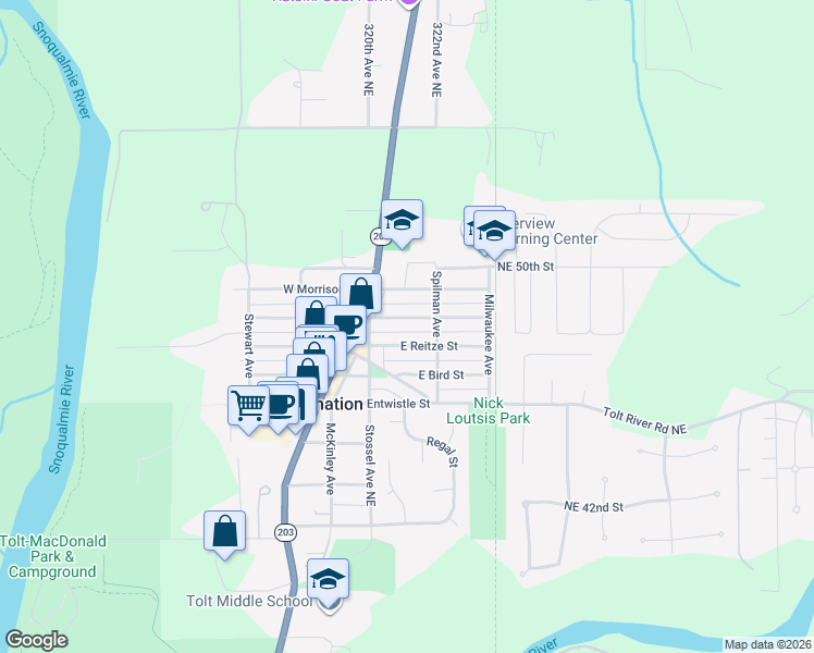 map of restaurants, bars, coffee shops, grocery stores, and more near 32022 East Rutherford Street in Carnation