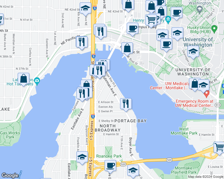 map of restaurants, bars, coffee shops, grocery stores, and more near Fuhrman Avenue East in Seattle