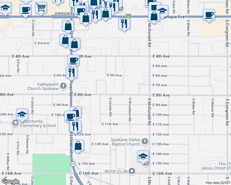 map of restaurants, bars, coffee shops, grocery stores, and more near 704 South Leta Road in Spokane Valley