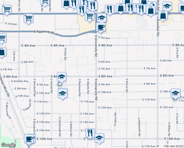 map of restaurants, bars, coffee shops, grocery stores, and more near 720 South University Road in Spokane Valley