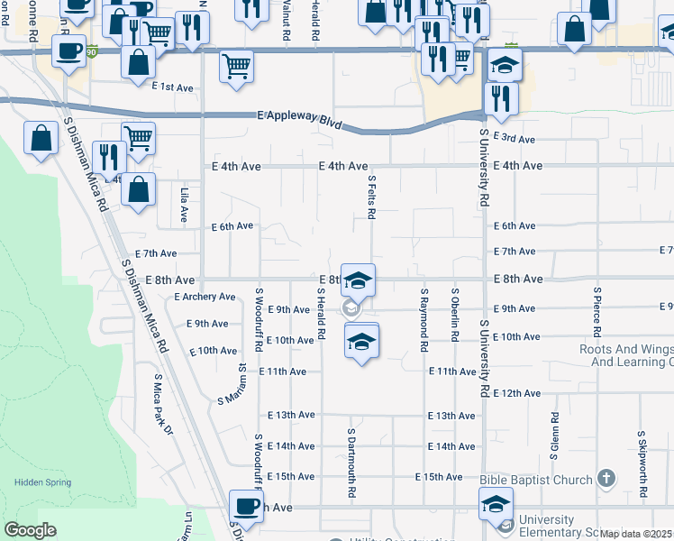 map of restaurants, bars, coffee shops, grocery stores, and more near 10107 East 8th Avenue in Spokane Valley