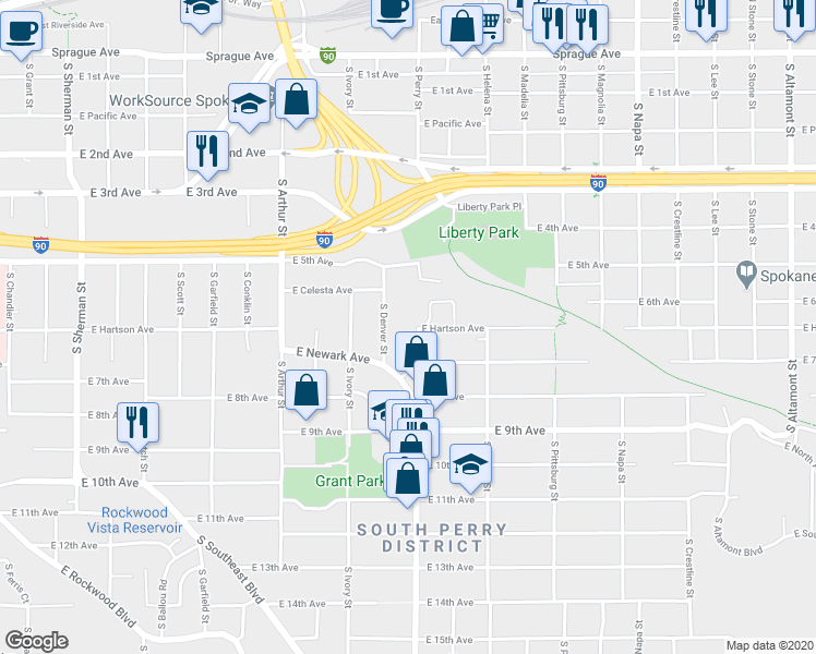 map of restaurants, bars, coffee shops, grocery stores, and more near 622 South Perry Street in Spokane