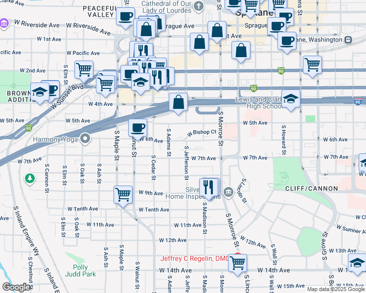 map of restaurants, bars, coffee shops, grocery stores, and more near 1220 West 6th Avenue in Spokane