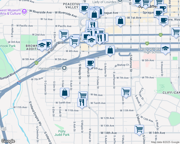 map of restaurants, bars, coffee shops, grocery stores, and more near 1426 West 6th Avenue in Spokane