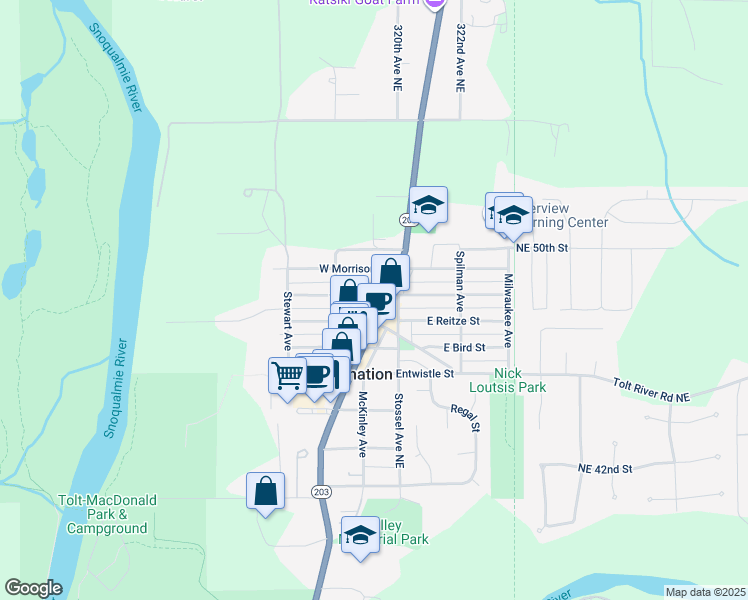 map of restaurants, bars, coffee shops, grocery stores, and more near 31849 West Morrison Street in Carnation