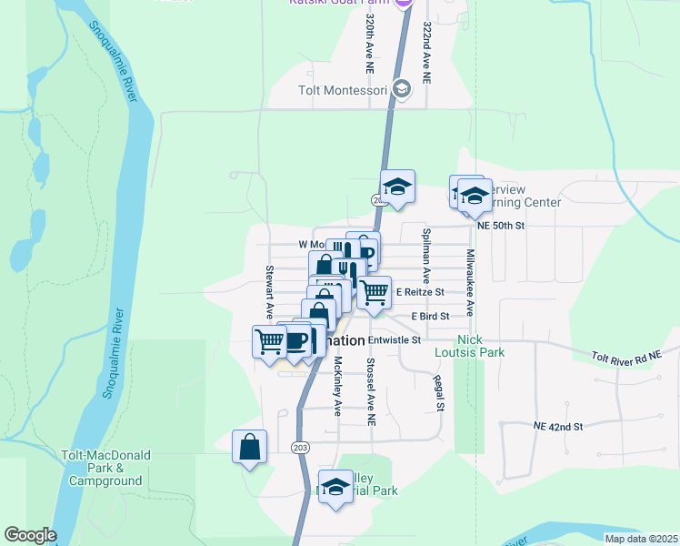 map of restaurants, bars, coffee shops, grocery stores, and more near 31849 West Morrison Street in Carnation
