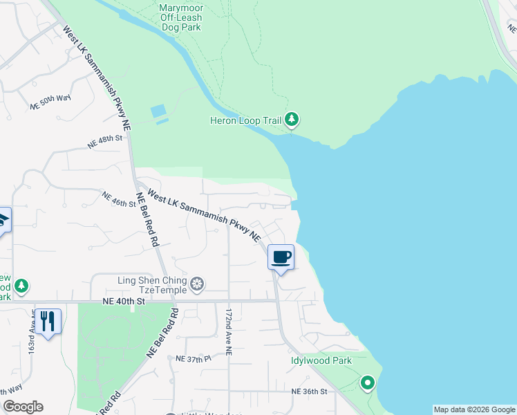 map of restaurants, bars, coffee shops, grocery stores, and more near 17306 Northeast 45th Street in Redmond