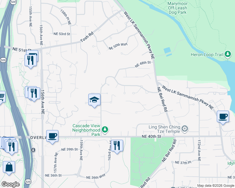 map of restaurants, bars, coffee shops, grocery stores, and more near 4515 164th Court Northeast in Redmond